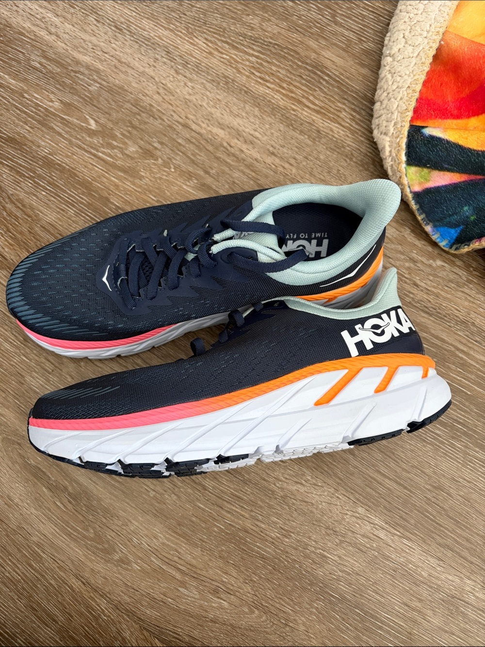 Hoka Clifton 7 Women’s Navy with Orange and Pink Accent Running Sneakers